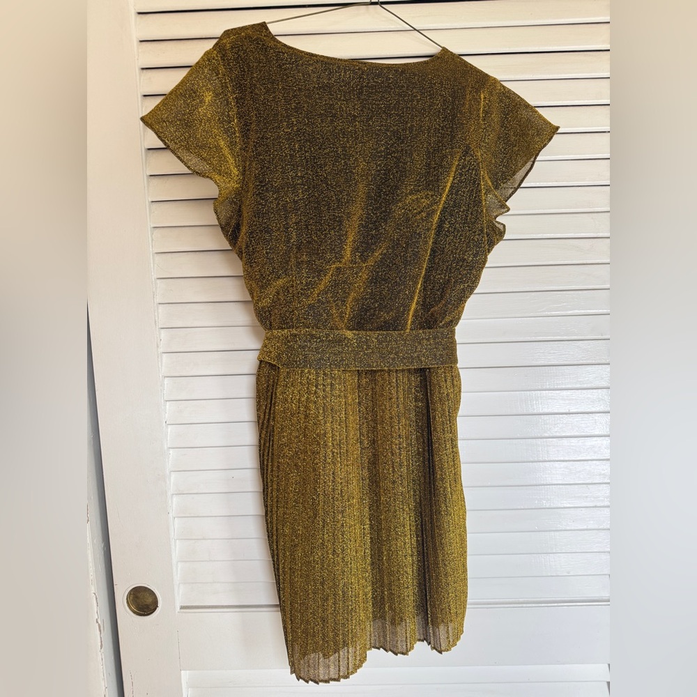 Designer!! Lennie Gold Metallic Mini Dress w/ Pleated Skirt - Picture 4 of 5